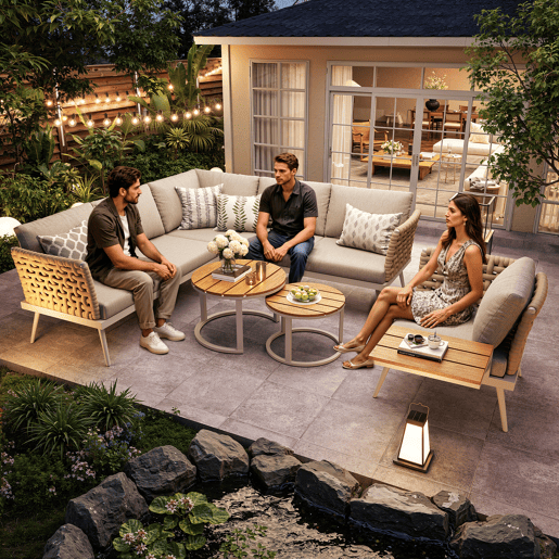 Conjunto de jardim com 2 sofás,cadeira e mesa de centro,bege