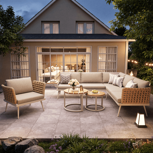 Conjunto de jardim com 2 sofás,cadeira e mesa de centro,bege