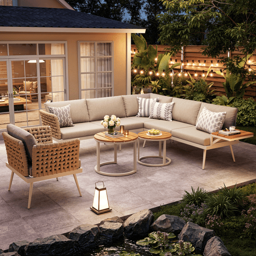Conjunto de jardim com 2 sofás,cadeira e mesa de centro,bege