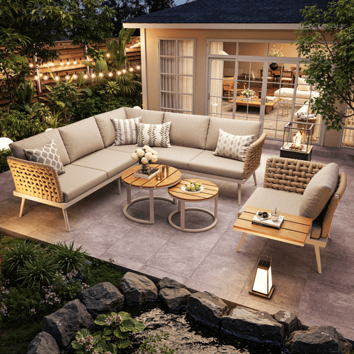 Conjunto de jardim com 2 sofás,cadeira e mesa de centro,bege