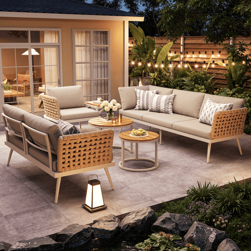 Conjunto de jardim com 2 sofás,cadeira e mesa de centro,bege