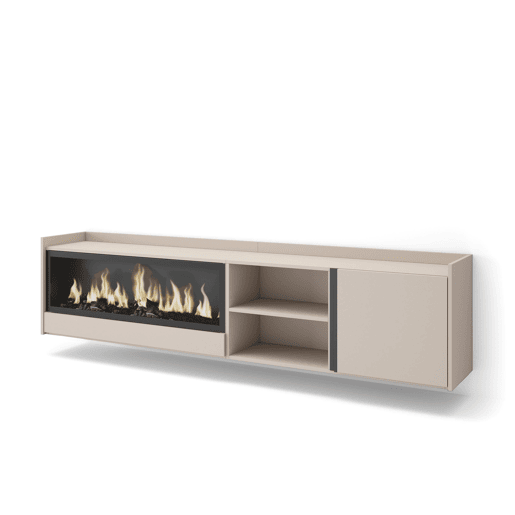 Móvel de TV, Muito espaço de arrumação, 212x35x50cm, Para televisores até 80, Lareira eléctrica XXL, Suspensos, Estilo moderno, Bege