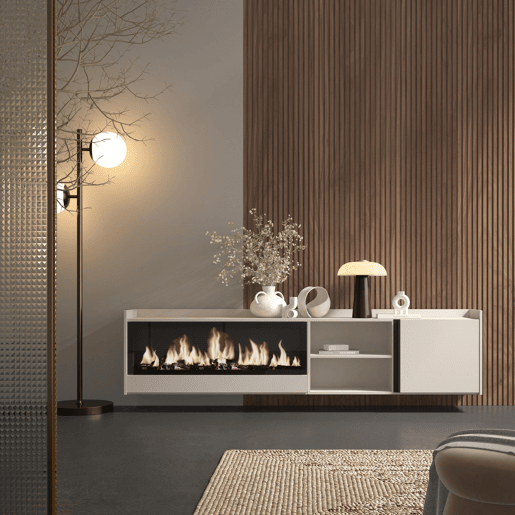 Móvel de TV, Muito espaço de arrumação, 212x35x50cm, Para televisores até 80, Lareira eléctrica XXL, Suspensos, Estilo moderno, Bege