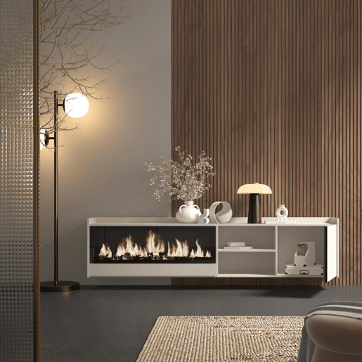 Móvel de TV, Muito espaço de arrumação, 212x35x50cm, Para televisores até 80, Lareira eléctrica XXL, Suspensos, Estilo moderno, Bege