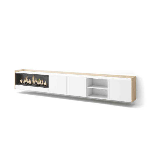 Móvel de TV, Muito espaço de arrumação, 315x35x50cm, Para televisores até 80, Lareira eléctrica XXL, Suspensos, Estilo moderno, Branco e Carvalho soft