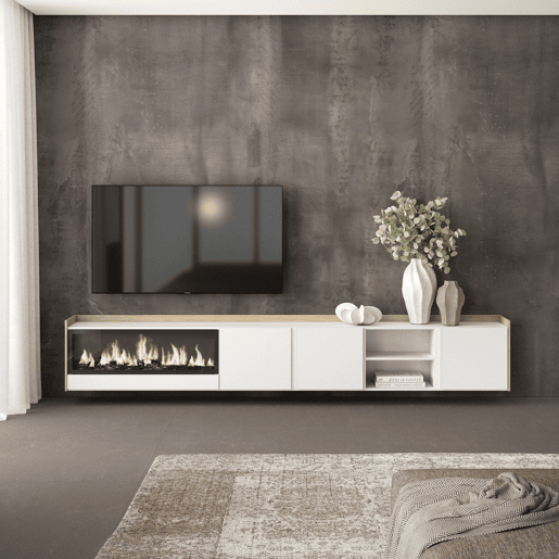 Móvel de TV, Muito espaço de arrumação, 315x35x50cm, Para televisores até 80, Lareira eléctrica XXL, Suspensos, Estilo moderno, Branco e Carvalho soft