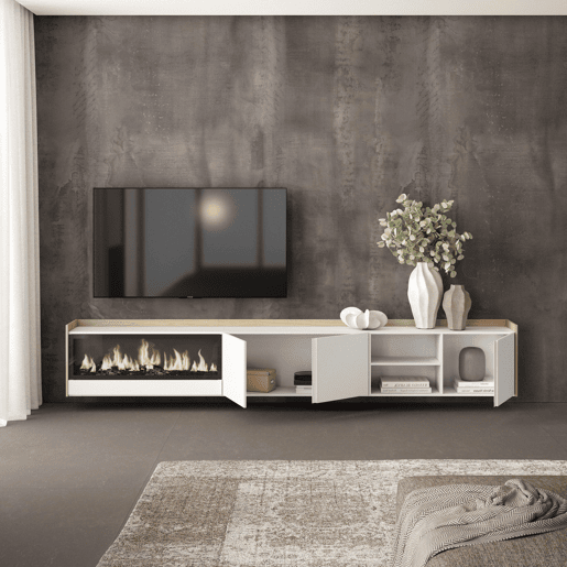 Móvel de TV, Muito espaço de arrumação, 315x35x50cm, Para televisores até 80, Lareira eléctrica XXL, Suspensos, Estilo moderno, Branco e Carvalho soft