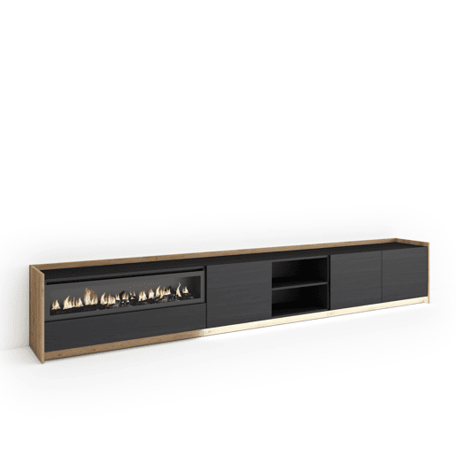 Móvel de TV, Muito espaço de arrumação, 310x37x50cm, Para televisores até 80, Lareira eléctrica, LED, Estilo moderno, Preto e Carvalho