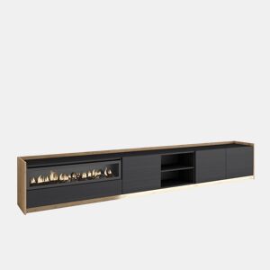 Móvel de TV, Muito espaço de arrumação, 310x37x50cm, Para televisores até 80, Lareira eléctrica, LED, Estilo moderno, Preto e Carvalho