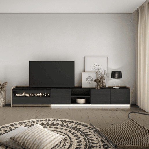 Móvel de TV, Muito espaço de arrumação, 310x37x50cm, Para televisores até 80, Lareira eléctrica, LED, Estilo moderno, Preto e Carvalho