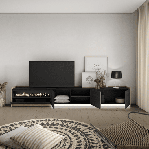 Móvel de TV, Muito espaço de arrumação, 310x37x50cm, Para televisores até 80, Lareira eléctrica, LED, Estilo moderno, Preto e Carvalho