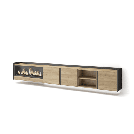 Móvel de TV, Muito espaço de arrumação, 315x35x50cm, Para televisores até 80, Lareira eléctrica XXL, Suspensos, LED, Estilo moderno, Carvalho e preto