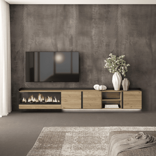 Móvel de TV, Muito espaço de arrumação, 315x35x50cm, Para televisores até 80, Lareira eléctrica XXL, Suspensos, LED, Estilo moderno, Carvalho e preto