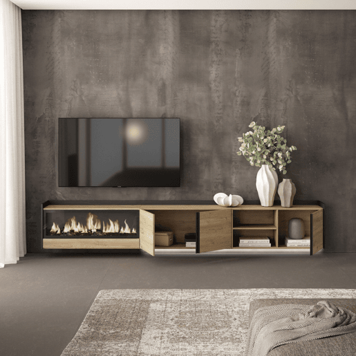 Móvel de TV, Muito espaço de arrumação, 315x35x50cm, Para televisores até 80, Lareira eléctrica XXL, Suspensos, LED, Estilo moderno, Carvalho e preto