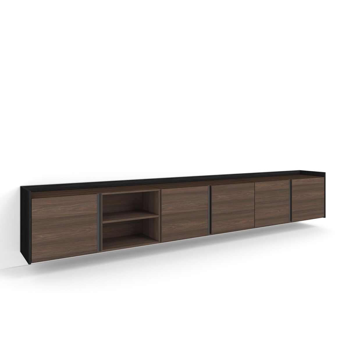 Mueble tv, televisión, muebles de salón, almacenaje, 309x35x50cm, para tv hasta 80", colgado, suspendido, estilo moderno, roble oscuro y negro