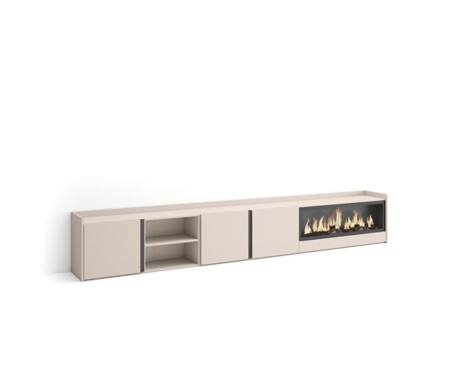 Mueble tv, televisión, muebles de salón, almacenaje, 315x35x50cm, para tv hasta 80", chimenea eléctrica xxl, estilo moderno, beige