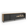 Móvel de TV, Muito espaço de arrumação, 212x35x61cm, Para televisores até 80, Lareira eléctrica XXL, Design industrial, LED, Estilo moderno, Preto e Carvalho