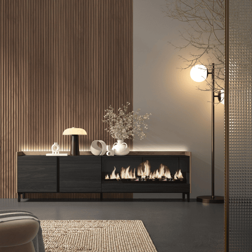 Móvel de TV, Muito espaço de arrumação, 212x35x61cm, Para televisores até 80, Lareira eléctrica XXL, Design industrial, LED, Estilo moderno, Preto e Carvalho