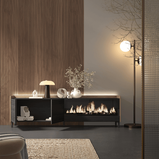 Móvel de TV, Muito espaço de arrumação, 212x35x61cm, Para televisores até 80, Lareira eléctrica XXL, Design industrial, LED, Estilo moderno, Preto e Carvalho