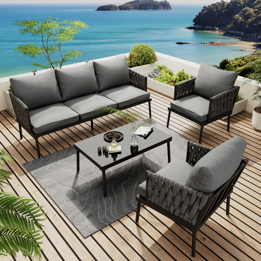 Conjunto de móveis de jardim com 5 peças - Sofá de 3 lugares, 2 poltronas e mesa de centro - Cinza