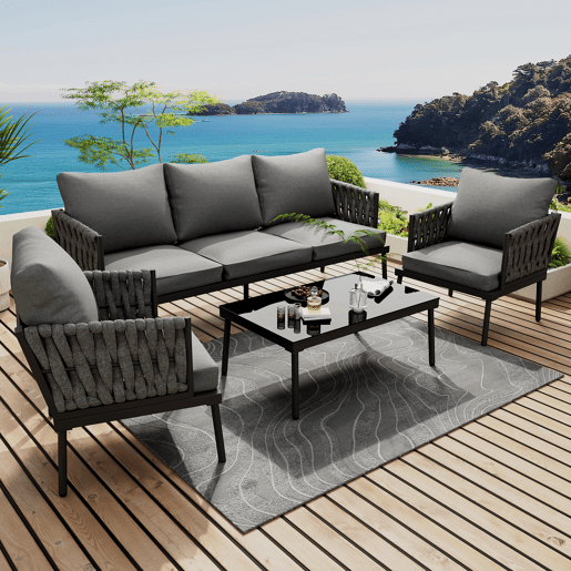 Conjunto de móveis de jardim com 5 peças - Sofá de 3 lugares, 2 poltronas e mesa de centro - Cinza
