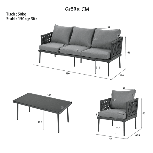 Conjunto de móveis de jardim com 5 peças - Sofá de 3 lugares, 2 poltronas e mesa de centro - Cinza
