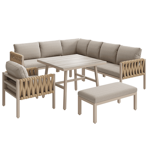 Conjunto de mobiliário de jardim - Sofá de canto, mesa de vidro temperado, estrutura metálica, almofadas incluídas - Bege