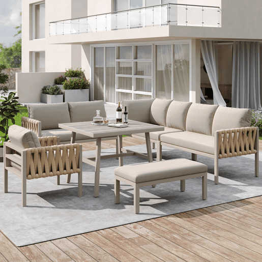 Conjunto de mobiliário de jardim - Sofá de canto, mesa de vidro temperado, estrutura metálica, almofadas incluídas - Bege