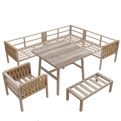 Conjunto de mobiliário de jardim - Sofá de canto, mesa de vidro temperado, estrutura metálica, almofadas incluídas - Bege
