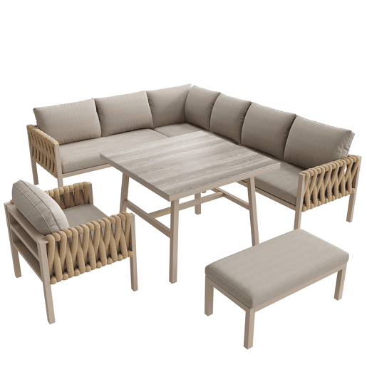 Conjunto de mobiliário de jardim - Sofá de canto, mesa de vidro temperado, estrutura metálica, almofadas incluídas - Bege