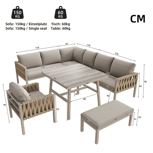 Conjunto de mobiliário de jardim - Sofá de canto, mesa de vidro temperado, estrutura metálica, almofadas incluídas - Bege