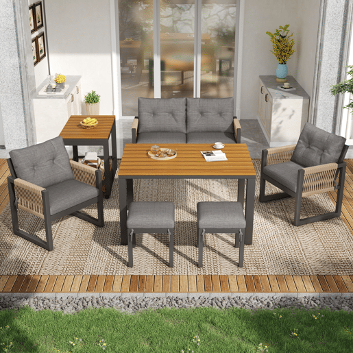 Conjunto de jardim com sofá,2 cadeiras e mesa de centro,cinza+natural
