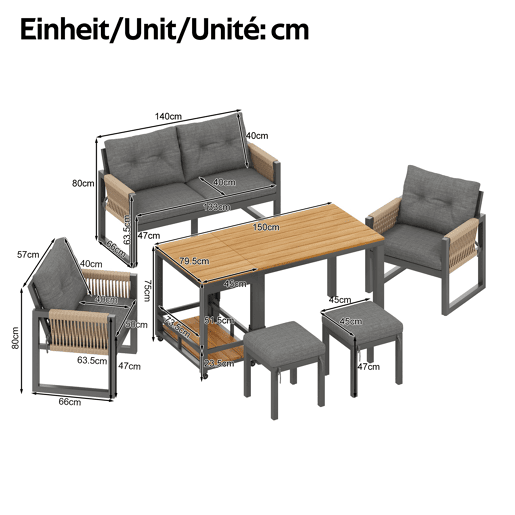 Conjunto de jardim com sofá,2 cadeiras e mesa de centro,cinza+natural