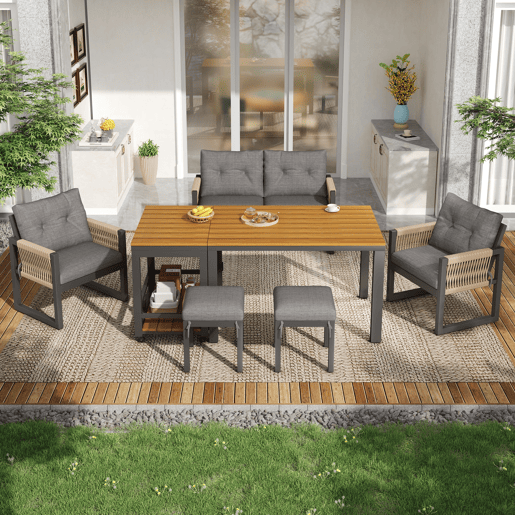 Conjunto de jardim com sofá,2 cadeiras e mesa de centro,cinza+natural