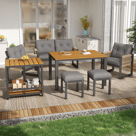 Conjunto de jardim com sofá,2 cadeiras e mesa de centro,cinza+natural