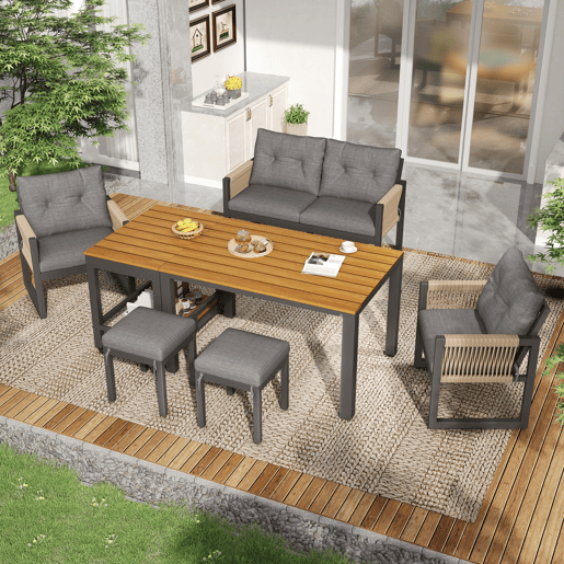 Conjunto de jardim com sofá,2 cadeiras e mesa de centro,cinza+natural