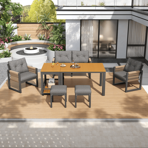 Conjunto de jardim com sofá,2 cadeiras e mesa de centro,cinza+natural