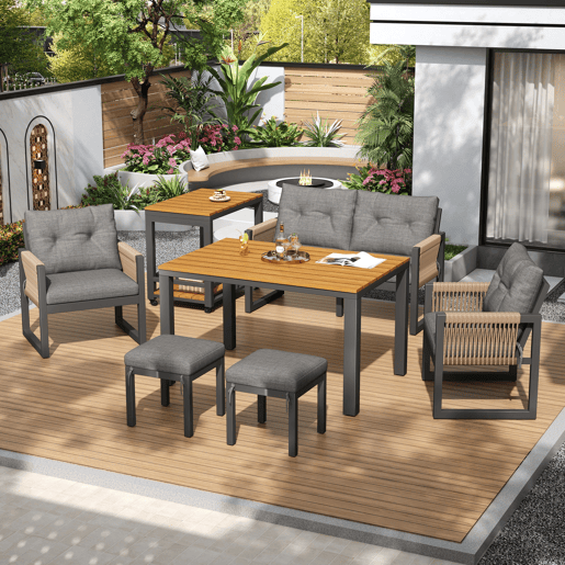 Conjunto de jardim com sofá,2 cadeiras e mesa de centro,cinza+natural