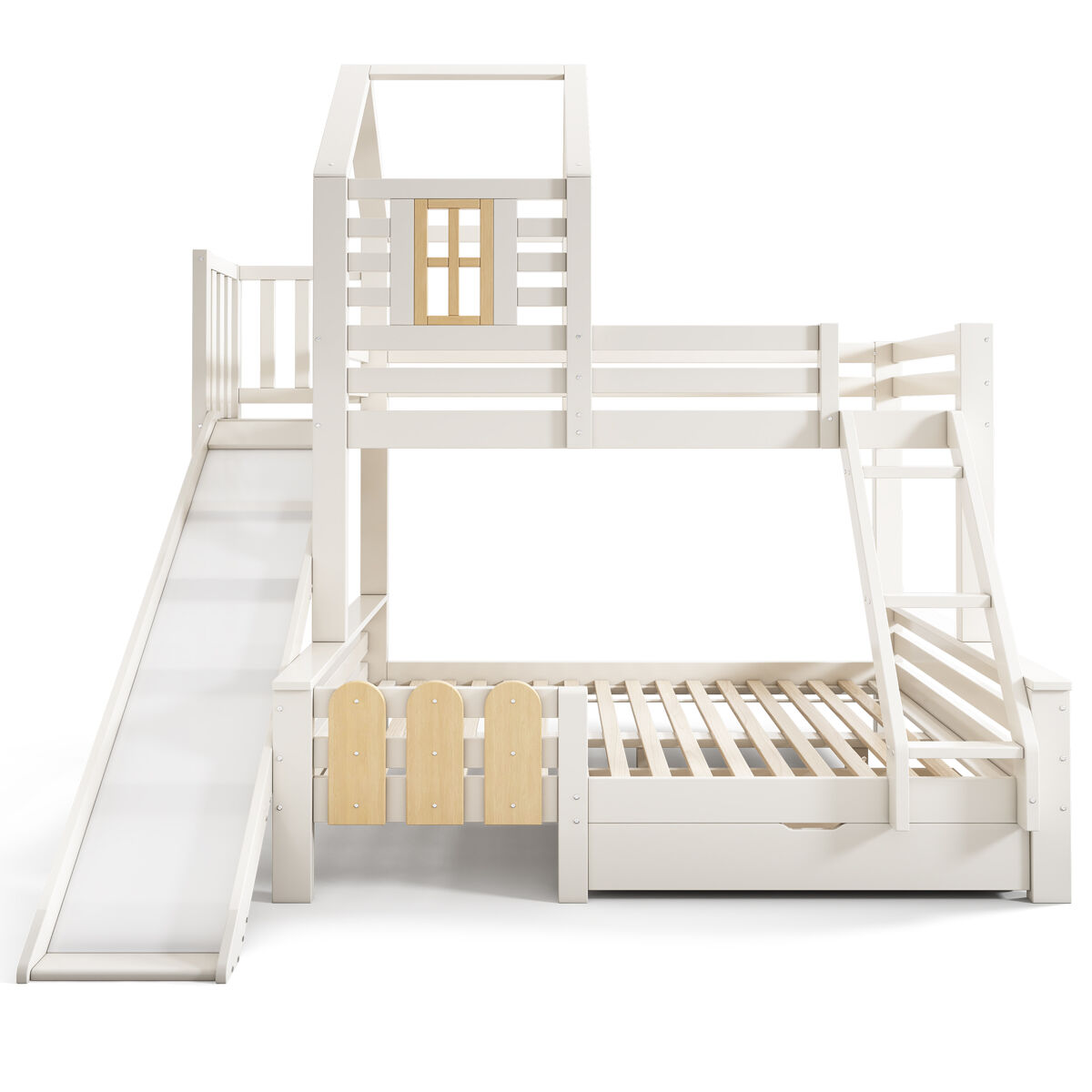 Cama litera 90x200 & 140x200 cm - casa con cajón, tobogán y escalera - diseño de cabaña