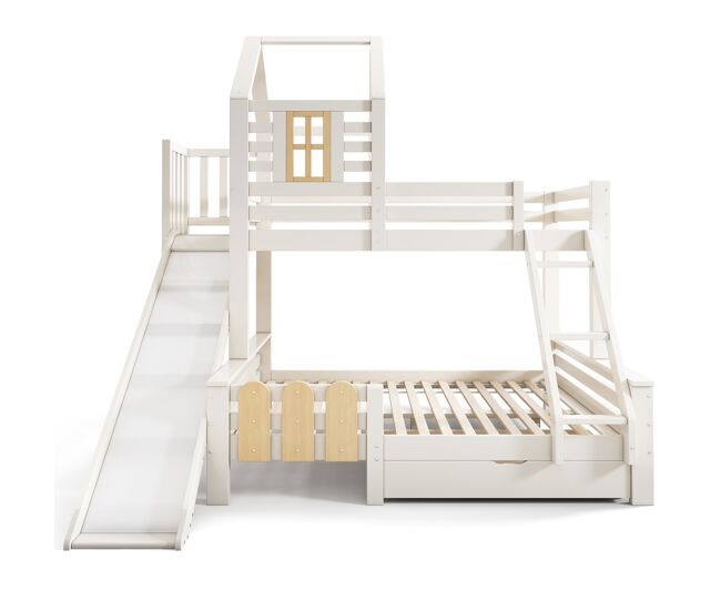 Cama litera 90x200 & 140x200 cm - casa con cajón, tobogán y escalera - diseño de cabaña