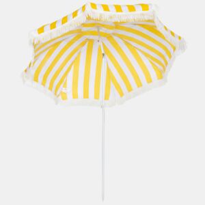 Outsunny Guarda-sol de Praia com Franjas Ø180 cm, Guarda-sol Exterior com Altura Ajustável, Inclinação 30°, Base para Areia e Bolsa de Transporte, Amarelo e Branco