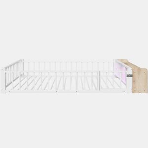 Cama baixa, 140 x 200 cm - Estrutura metálica, com grade de segurança, sem colchão, com compartimentos e luzes LED - Branco