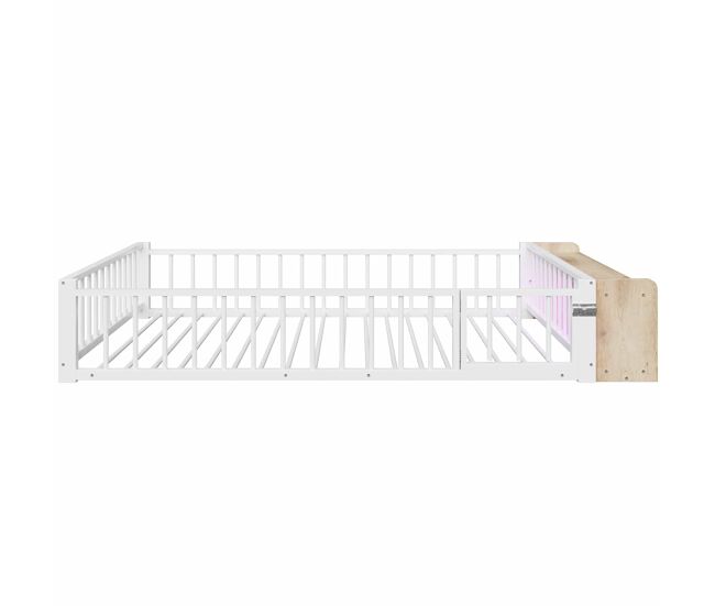 Cama baja, 140x200 cm - estructura metálica, con barandilla de seguridad, sin colchón, con compartimentos y luces led - blanco