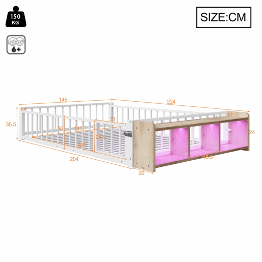 Cama baixa, 140 x 200 cm - Estrutura metálica, com grade de segurança, sem colchão, com compartimentos e luzes LED - Branco