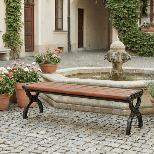 Outsunny Banco de Jardim Exterior de 2 Lugares Banco com Estrutura Metálica e Assento com Ripas para Pátio Terraço 124x39x39 cm Castanho