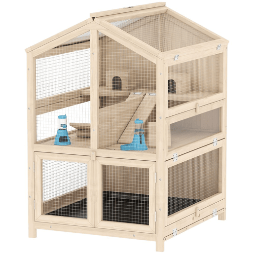 PawHut Gaiola para Hamster de Madeira de 3 Níveis, Casa para Hamster com Bebedouros, Casotas, Baloiços, Rampas, Bandeja Amovível e Tampas Rebatíveis, 68x61,5x90 cm, Natural