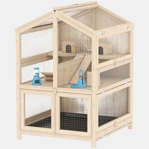 PawHut Gaiola para Hamster de Madeira de 3 Níveis, Casa para Hamster com Bebedouros, Casotas, Baloiços, Rampas, Bandeja Amovível e Tampas Rebatíveis, 68x61,5x90 cm, Natural