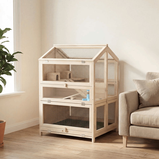 PawHut Gaiola para Hamster de Madeira de 3 Níveis, Casa para Hamster com Bebedouros, Casotas, Baloiços, Rampas, Bandeja Amovível e Tampas Rebatíveis, 68x61,5x90 cm, Natural