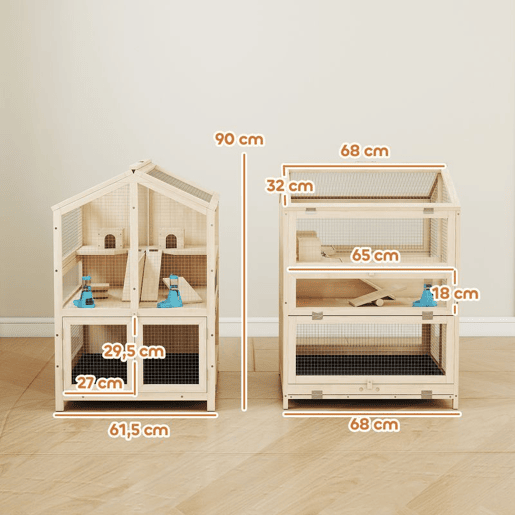 PawHut Gaiola para Hamster de Madeira de 3 Níveis, Casa para Hamster com Bebedouros, Casotas, Baloiços, Rampas, Bandeja Amovível e Tampas Rebatíveis, 68x61,5x90 cm, Natural