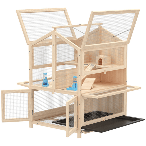 PawHut Gaiola para Hamster de Madeira de 3 Níveis, Casa para Hamster com Bebedouros, Casotas, Baloiços, Rampas, Bandeja Amovível e Tampas Rebatíveis, 68x61,5x90 cm, Natural